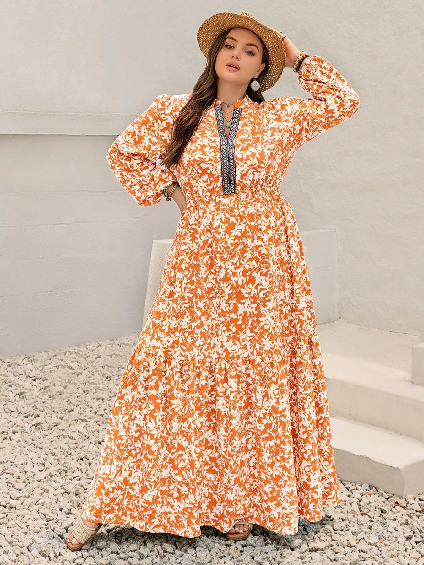 Plus Size Boho Floral Print Maxi Dress Tangerine OutfitFlow