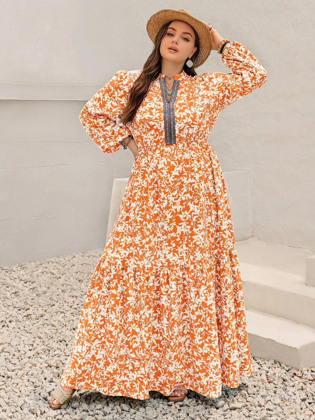 Plus Size Boho Floral Print Maxi Dress Tangerine OutfitFlow