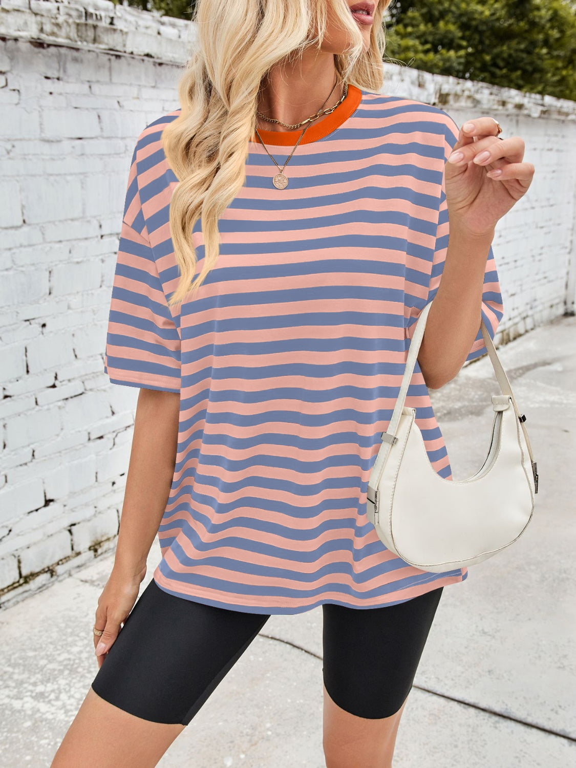 Outfit Flow - Lovelet Striped Round Neck Half Sleeve T-Shirt