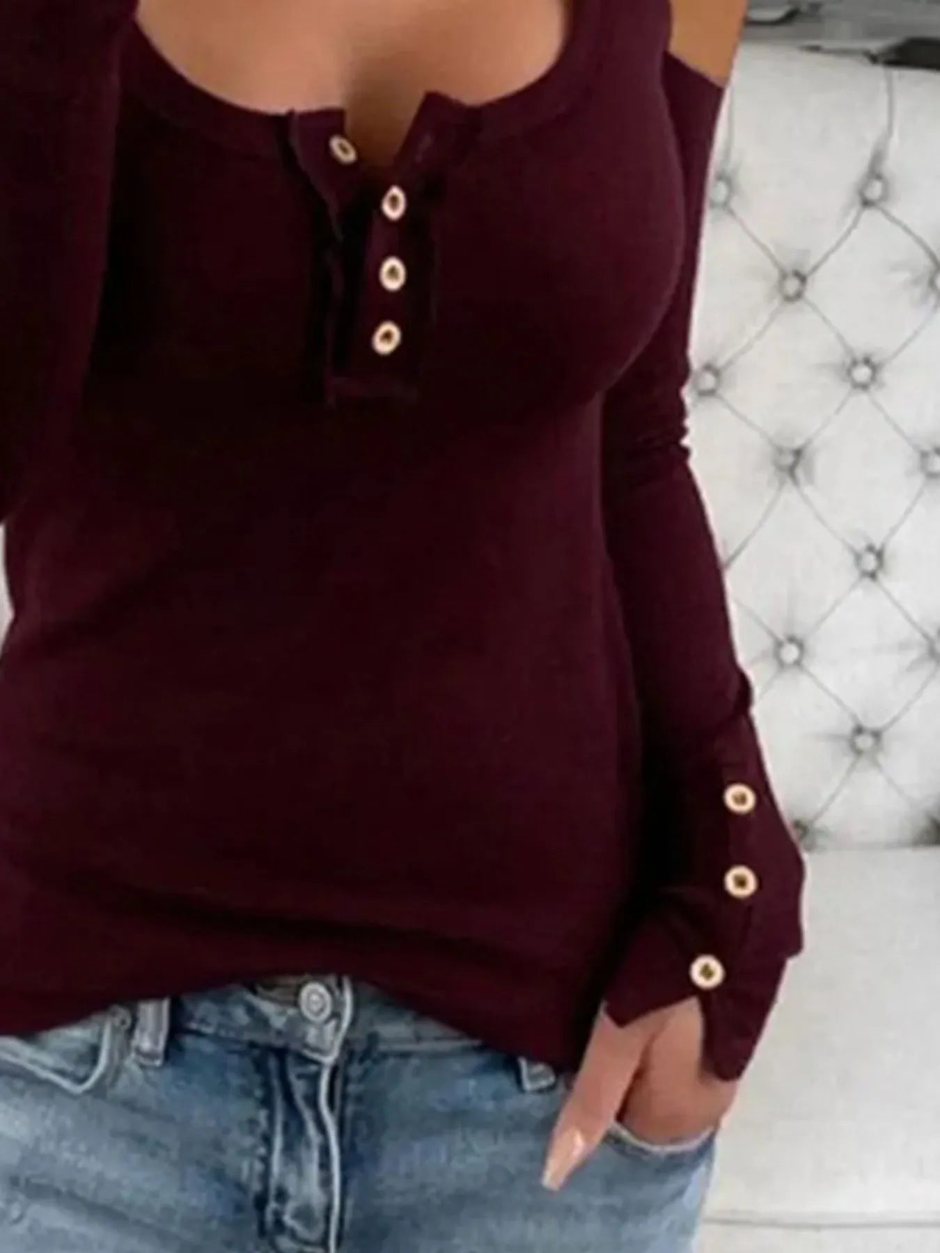 Cold Shoulder Ribbed Henley T-Shirt with Button Detail OutfitFlow