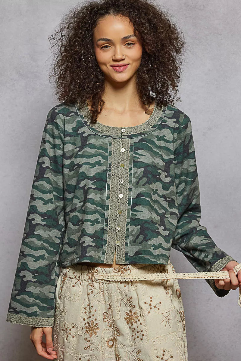 POL Camouflage Print Long Sleeve Top OLIVE CAMO OutfitFlow