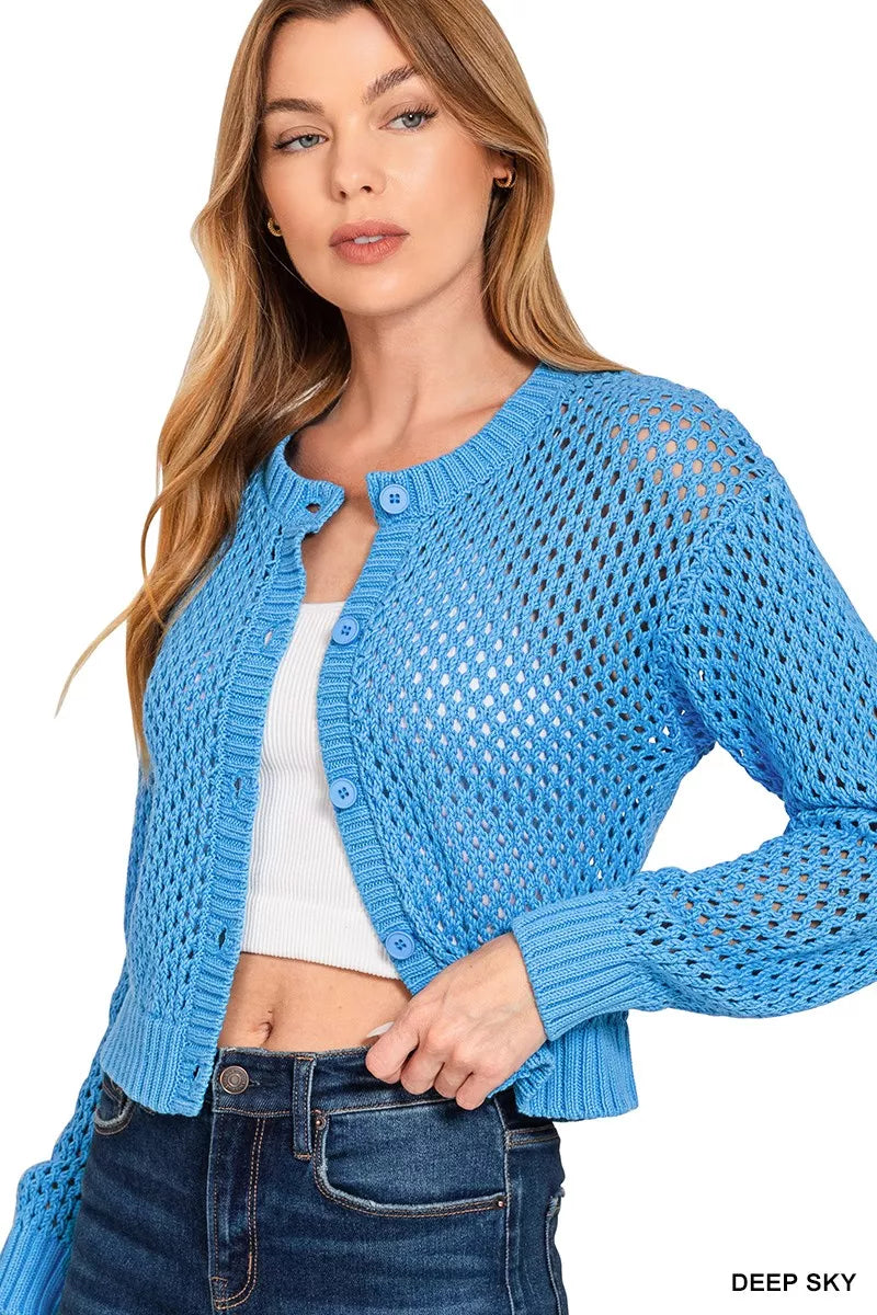 Zenana Button Down Lightweight Crochet Cardigan Sweater OutfitFlow
