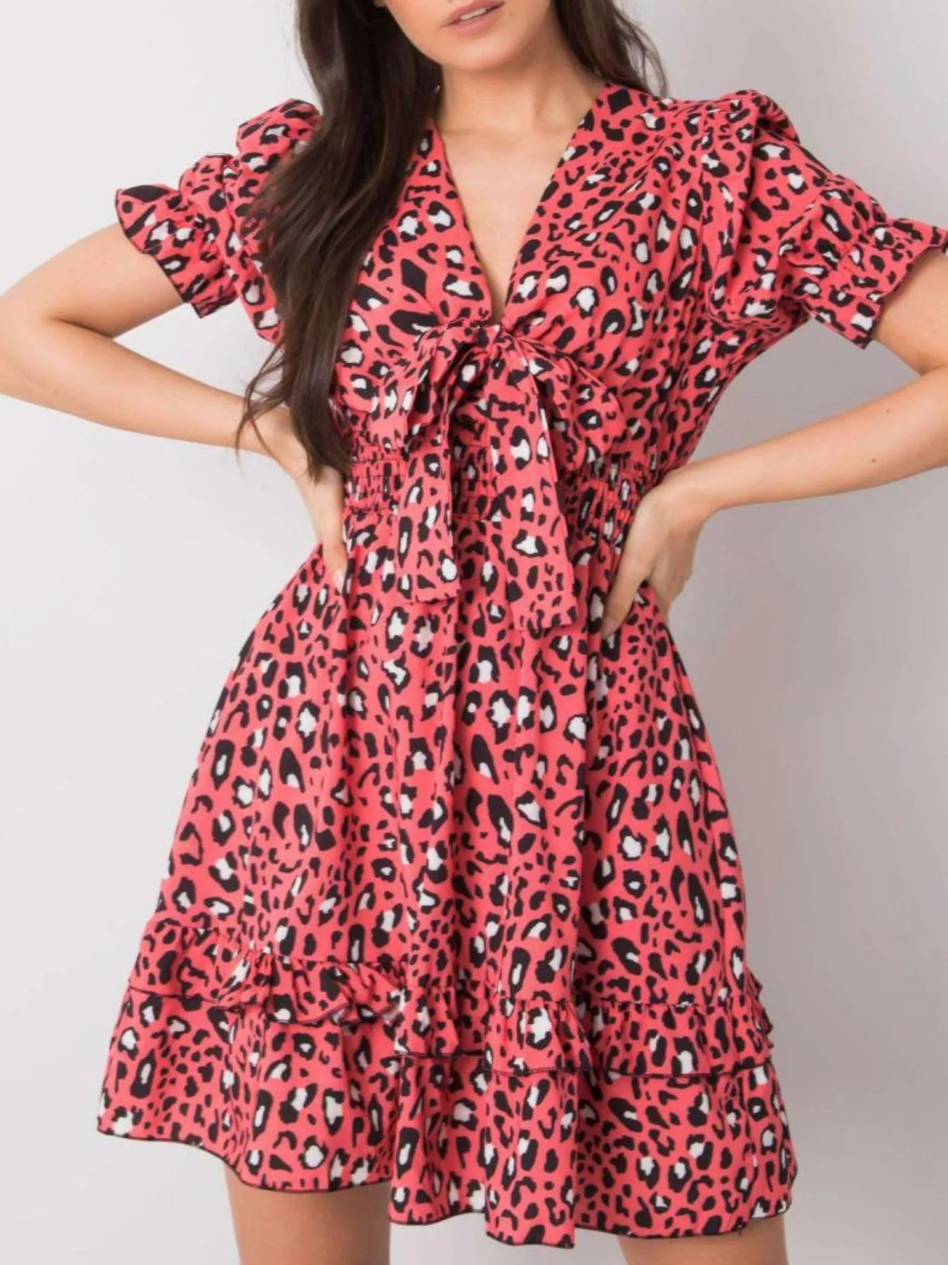 Leopard Print Tie Front Short Sleeve Mini Dress OutfitFlow