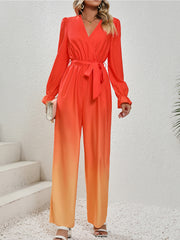 Outfit Flow - Honey Gradient Tie Front Flounce Sleeve Jumpsuit