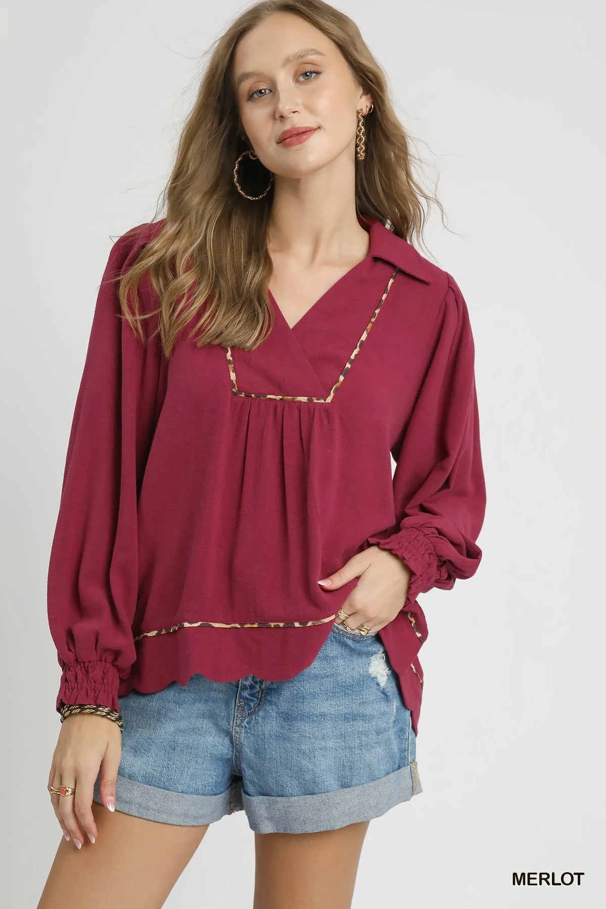 Umgee Full Size Linen Scallop Hem Blouse with Contrast Trim Plus Size MERLOT Trendsi