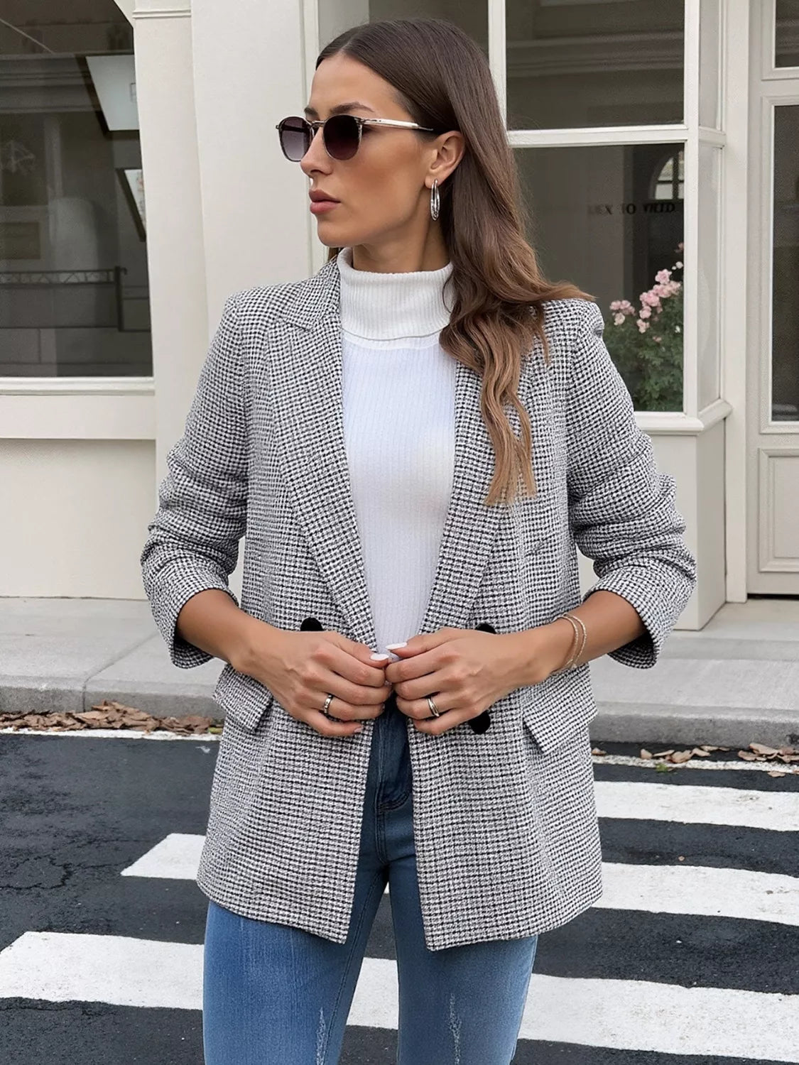Houndstooth Patterned Double-Breasted Blazer OutfitFlow