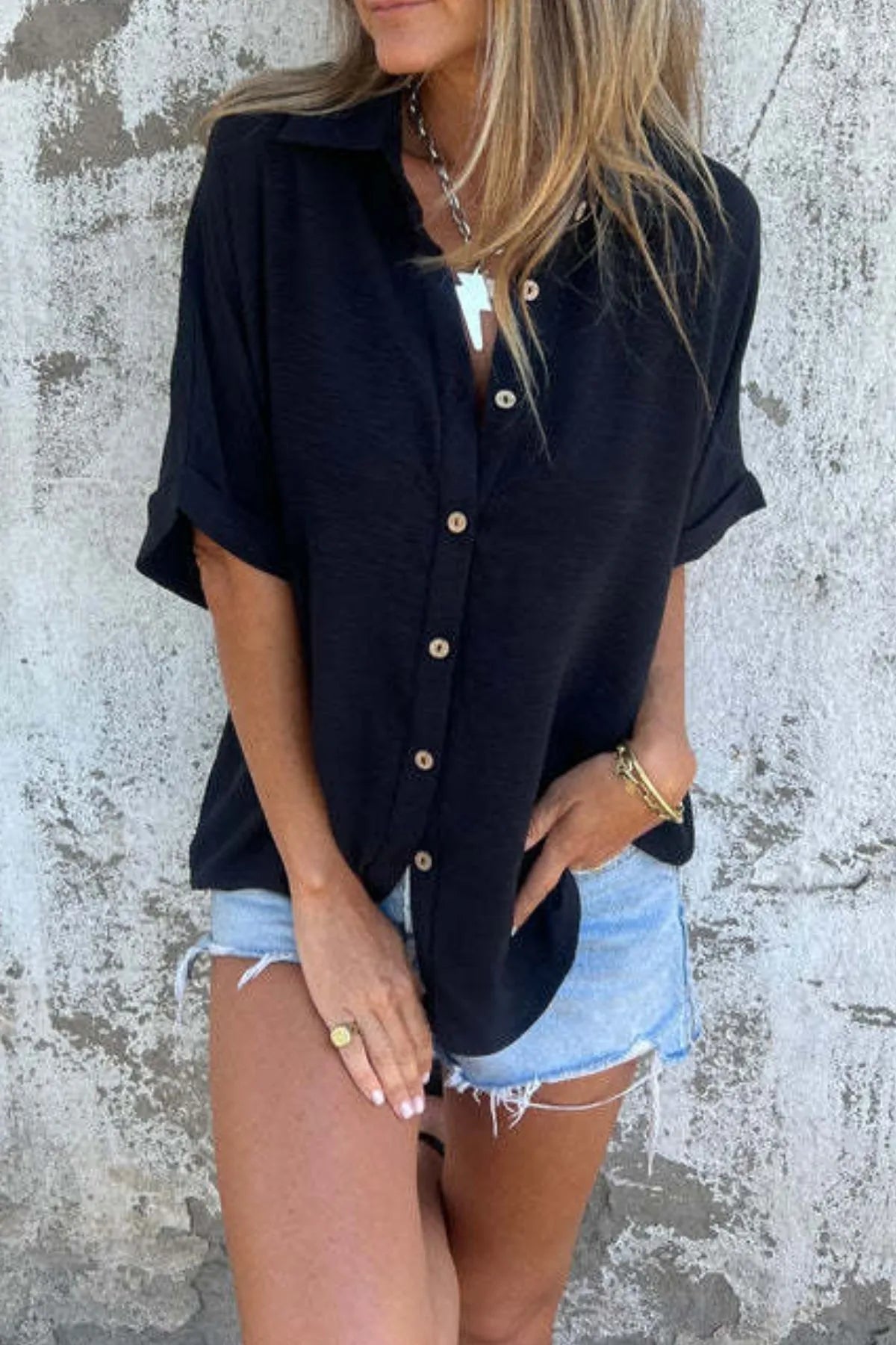 Full Size Casual Button Down Short Sleeve Loose Shirt Plus Size OutfitFlow
