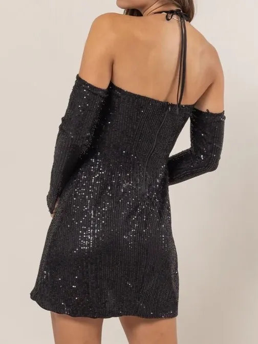 HYFVE Sequin Rosette Halter Mini Dress OutfitFlow
