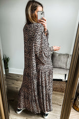 Leopard Notched Long Sleeve Maxi Dress