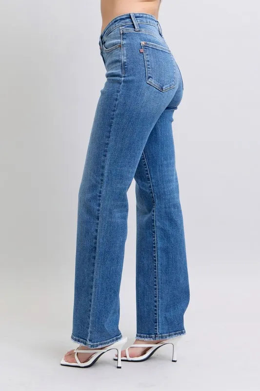 Judy Blue Full Size High Waist V-Front Vintage Wash Straight Jeans Plus Size OutfitFlow