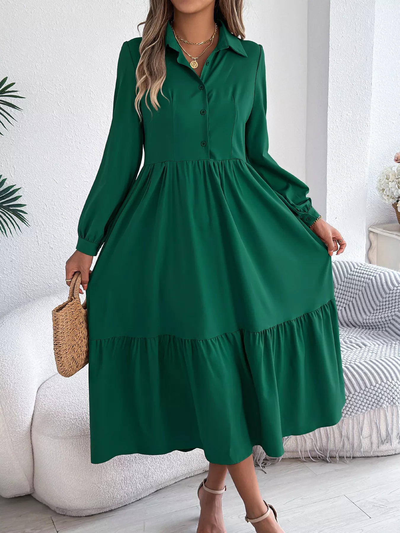 Long Sleeve Tiered Button Front Midi Dress Dark Green OutfitFlow