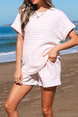 Stripe Knitted Short Sleeve Top and Drawstring Shorts Set OutfitFlow