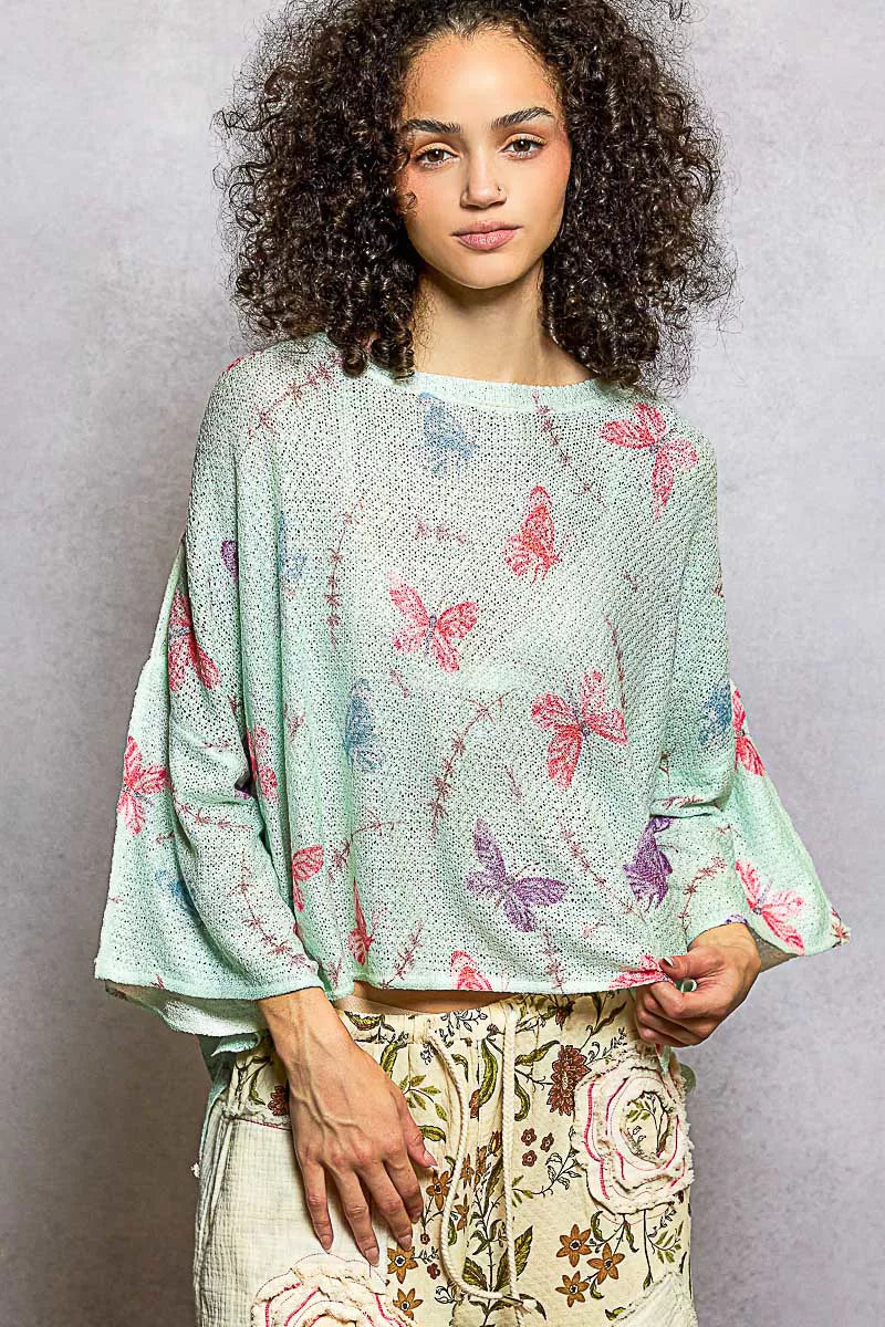 POL Butterflies Pattern Round Neck knit Top with Outseam Rolling Edge APPLE MINT OutfitFlow