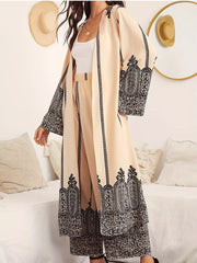 Printed Open Front Long Sleeve Cardigan & Pants Set OutfitFlow