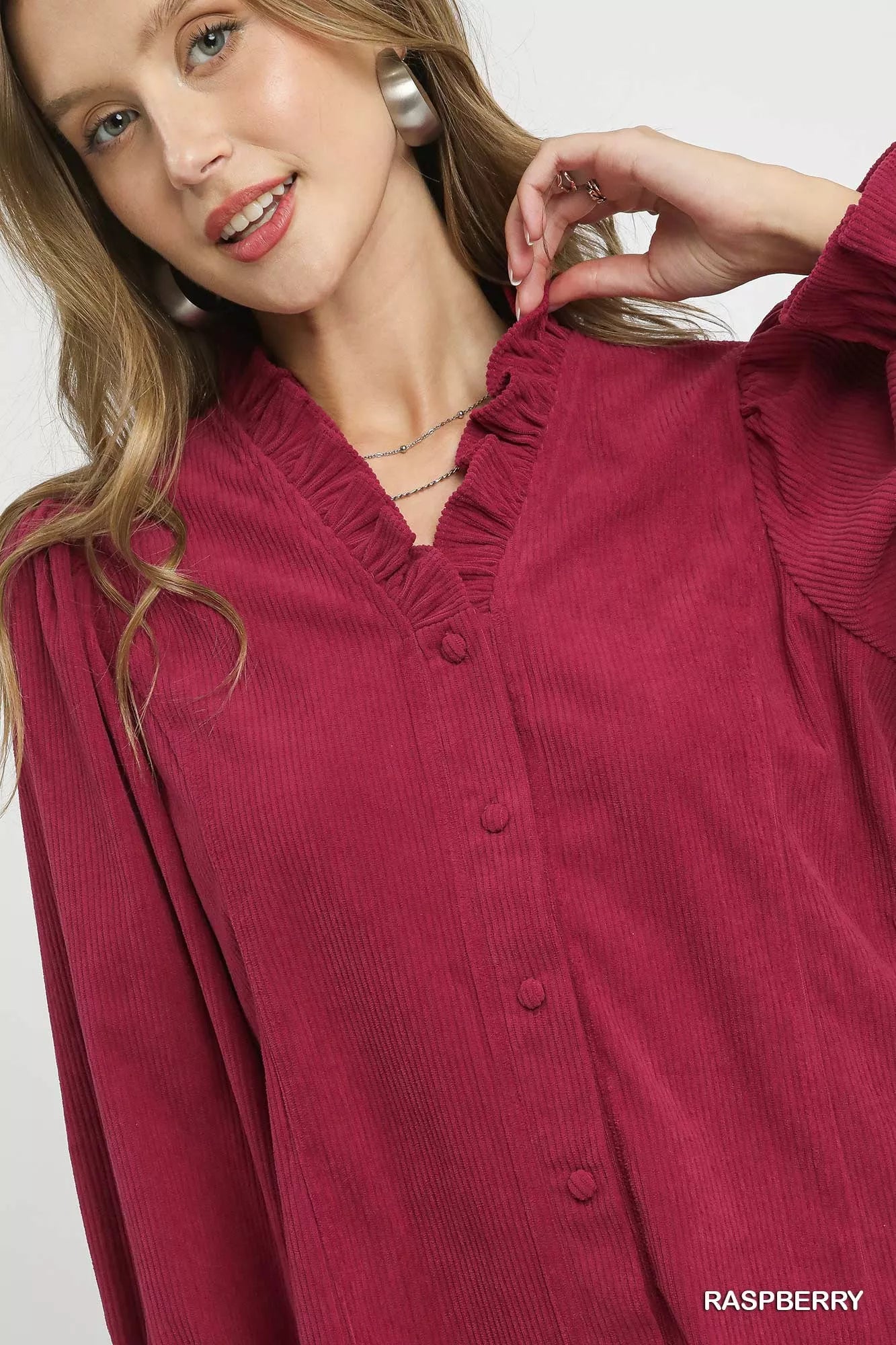Umgee Corduroy Ruffle Shirt with Long Puff Sleeves OutfitFlow
