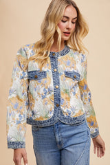 Annie Wear Floral Jacquard Denim Contrast Button Down Jacket