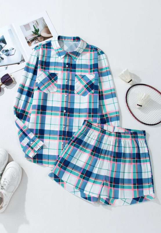 Outfit Flow - Plaid Button Down Long Sleeve Shirt and Shorts Lounge Set