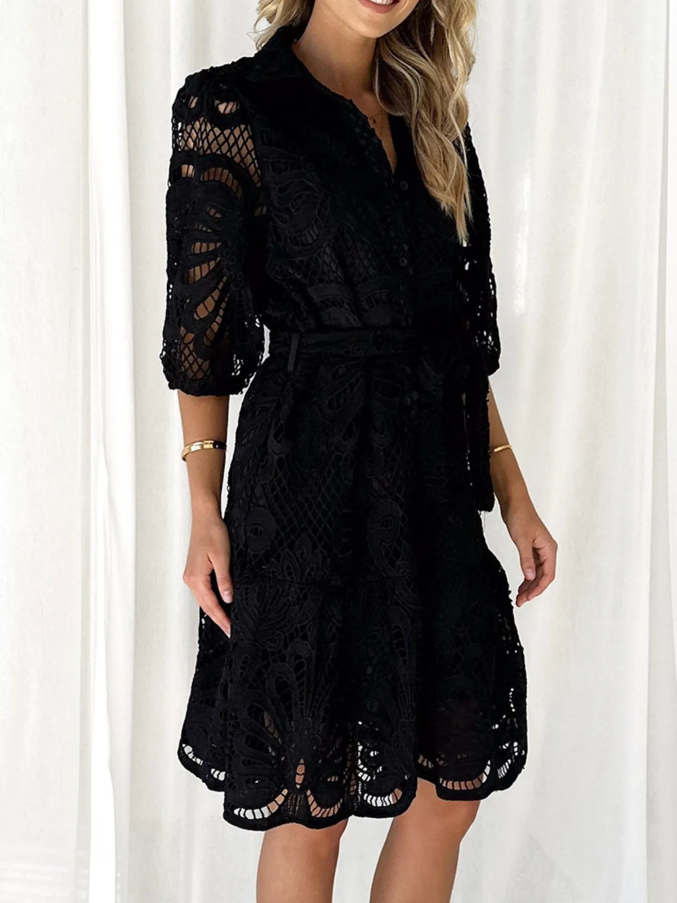 Lace Tie Waist Half Sleeve Dress OutfitFlow