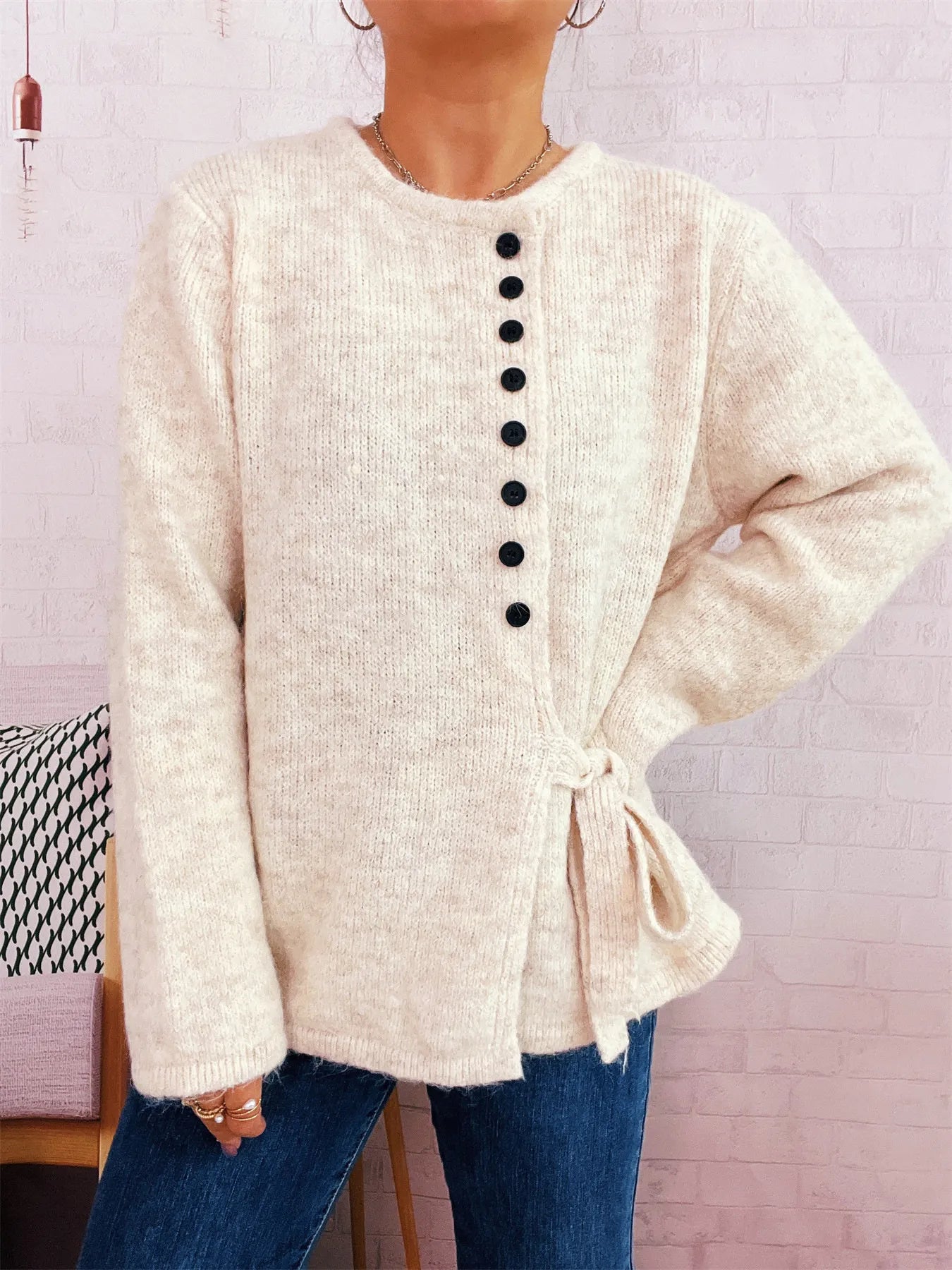 Button-Front Side-Tie Sweater OutfitFlow