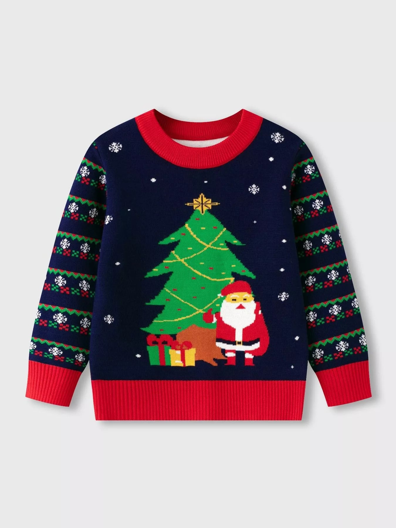 Children's Christmas Tree Round Neck Sweater Dark Blue OutfitFlow