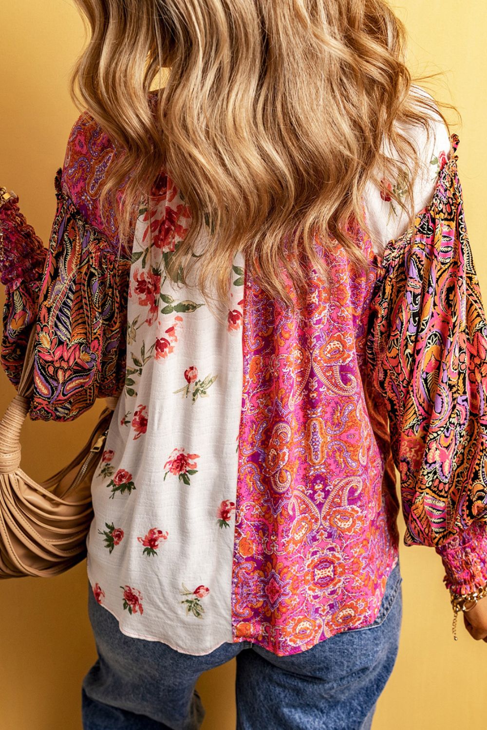 Outfit Flow - Frill Floral Shirred Cuff Long Sleeve Blouse