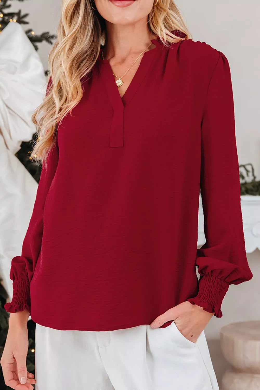 Notched Neck Shirred Cuff Long Sleeve Blouse OutfitFlow