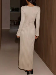 Ribbed Knit V-Neck Long Sleeve Maxi Dress OutfitFlow