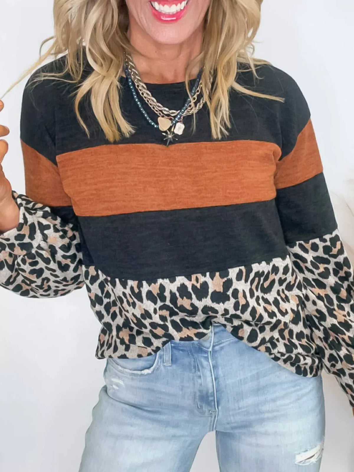 Leopard Print Patchwork Long Sleeve Blouse Leopard OutfitFlow
