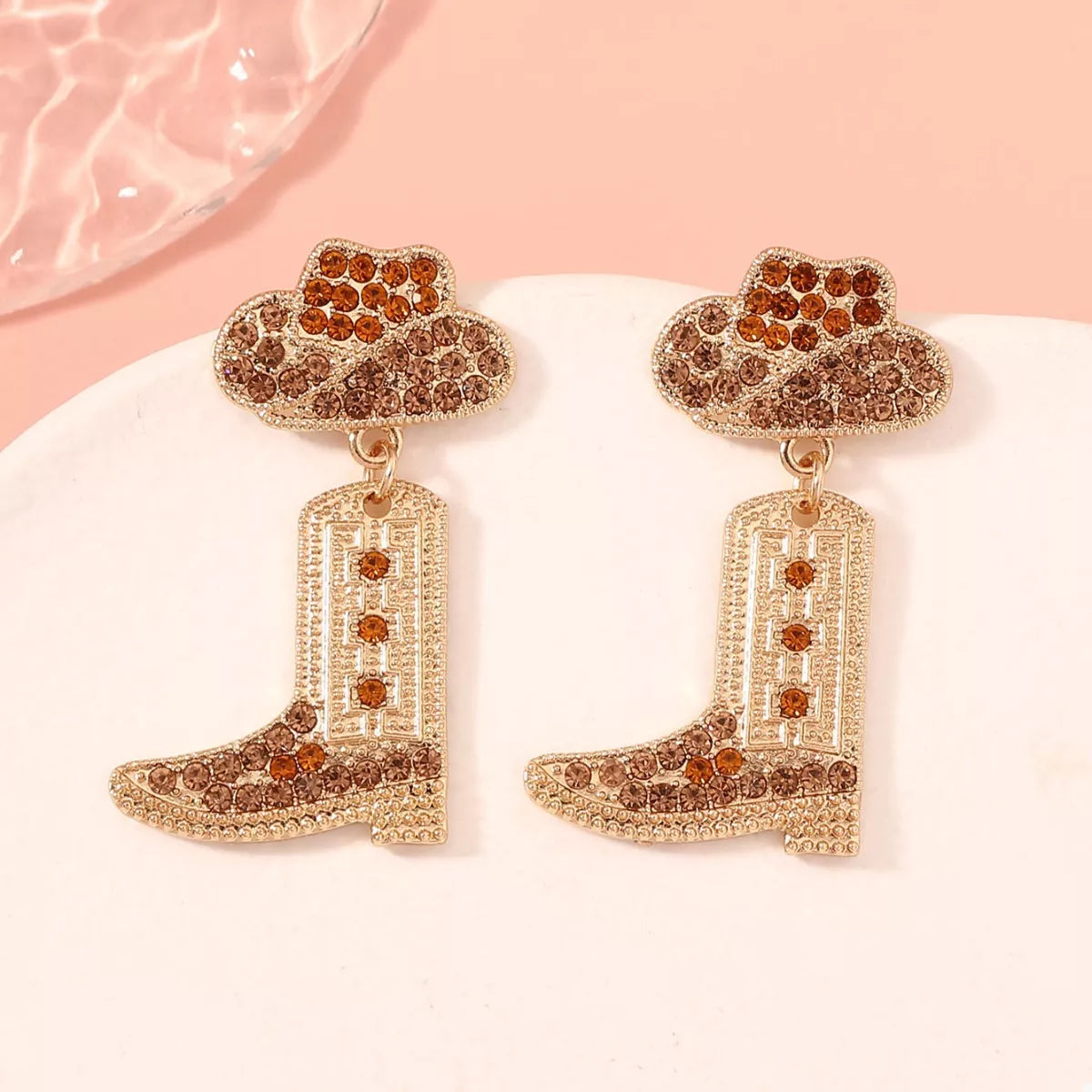 Rhinestone Cowboy Boot Dangle Earrings Brown onesize OutfitFlow