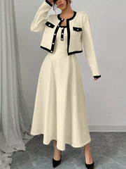 Contrast Trim Maxi Dress and Cropped Cardigan Set OutfitFlow