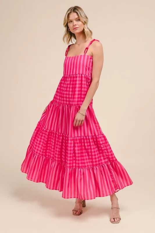SO ME Stripe Tiered Maxi Dress with Colorful Chain Strap OutfitFlow