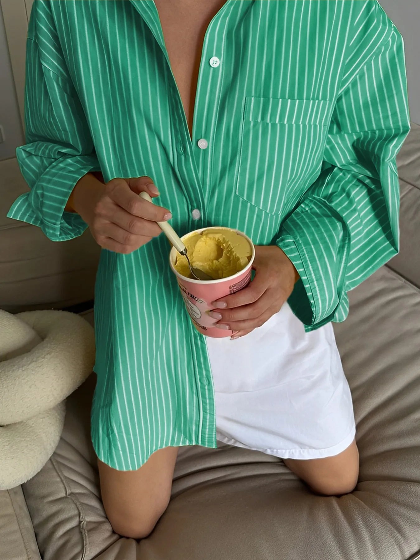 Oversized Striped Button-Down Shirt Green OutfitFlow