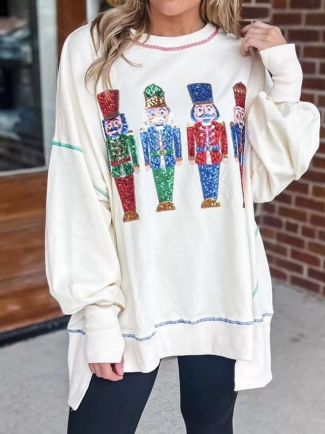 Christmas Nutcracker Sequin Round Neck Sweatshirt White OutfitFlow
