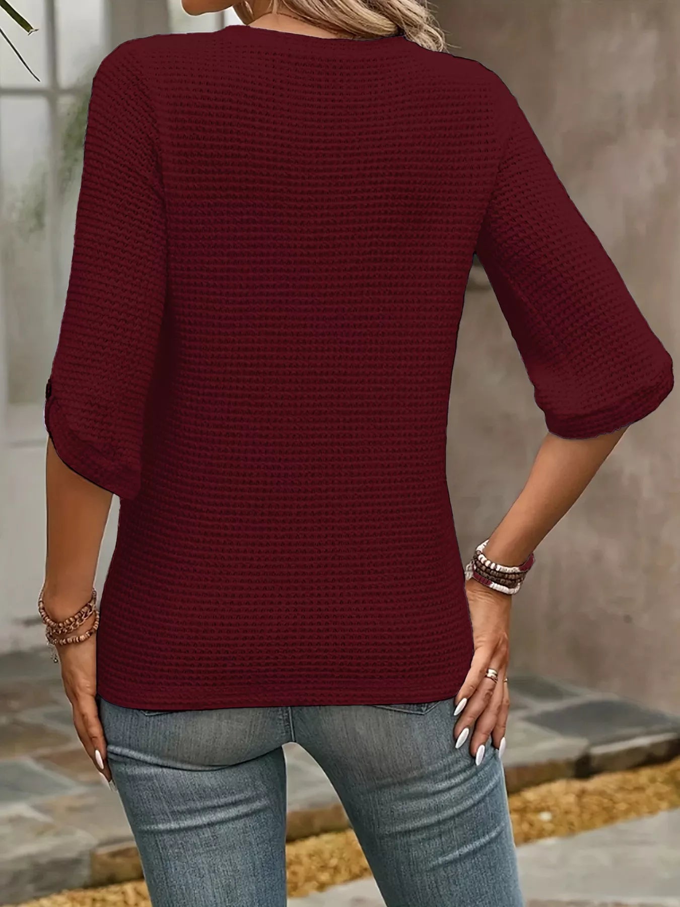 Waffle-Knit Round Neck Knit Top OutfitFlow