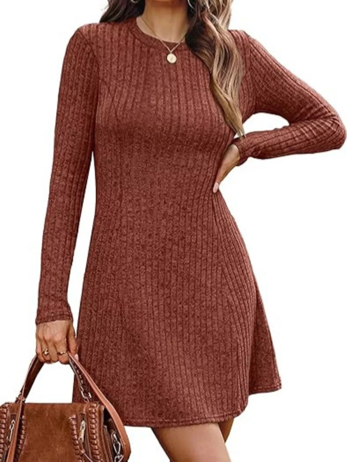 Ribbed Knit Long Sleeve A-Line Dress Trendsi