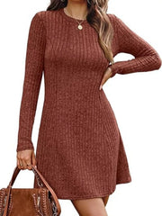 Ribbed Knit Long Sleeve A-Line Dress Trendsi
