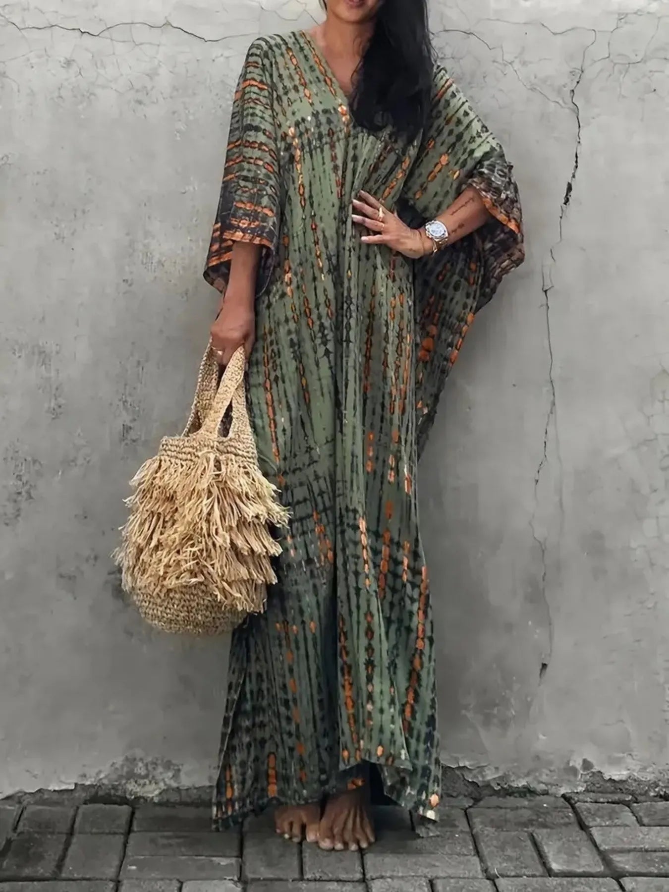 Tie-Dye V-Neck Maxi Dress with Flowy Sleeves OutfitFlow