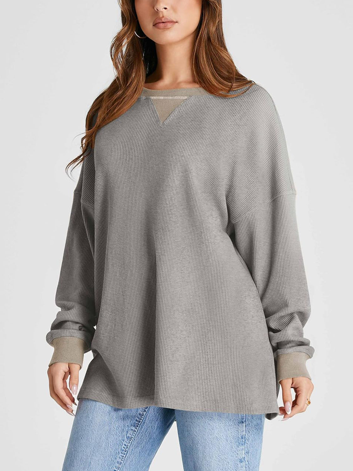 Outfit Flow - Waffle Knit Round Neck Long Sleeve T-Shirt