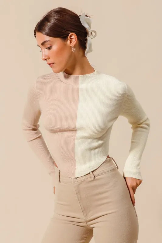 SO ME Color Block Fitted Crop Sweater Top OutfitFlow