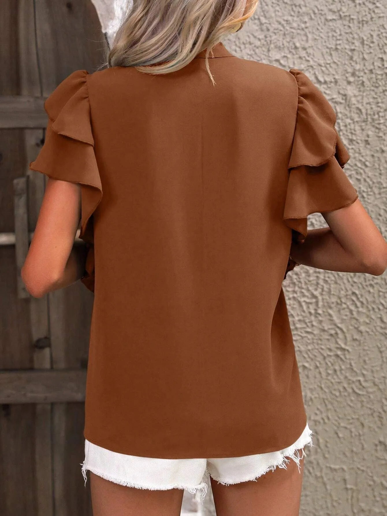 Ruffle Sleeve Notched Blouse OutfitFlow