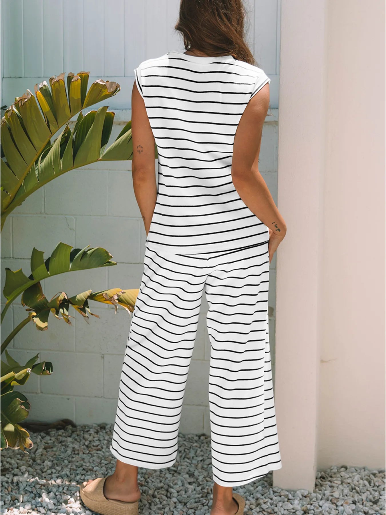 Casual Striped Tank and Wide Leg Pants 2pcs Set OutfitFlow