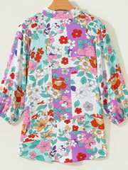 Floral Print Patchwork Frilly Neckline Long Sleeve Shirt Trendsi