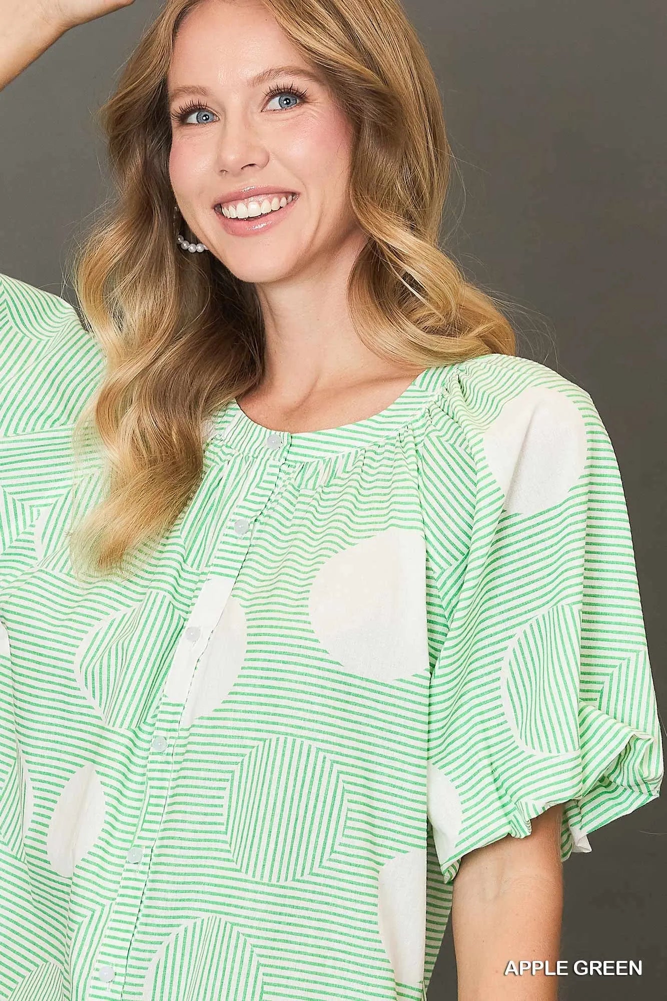Umgee Stripe and Dot Print Button Down Puff Sleeve Mini Dress Trendsi