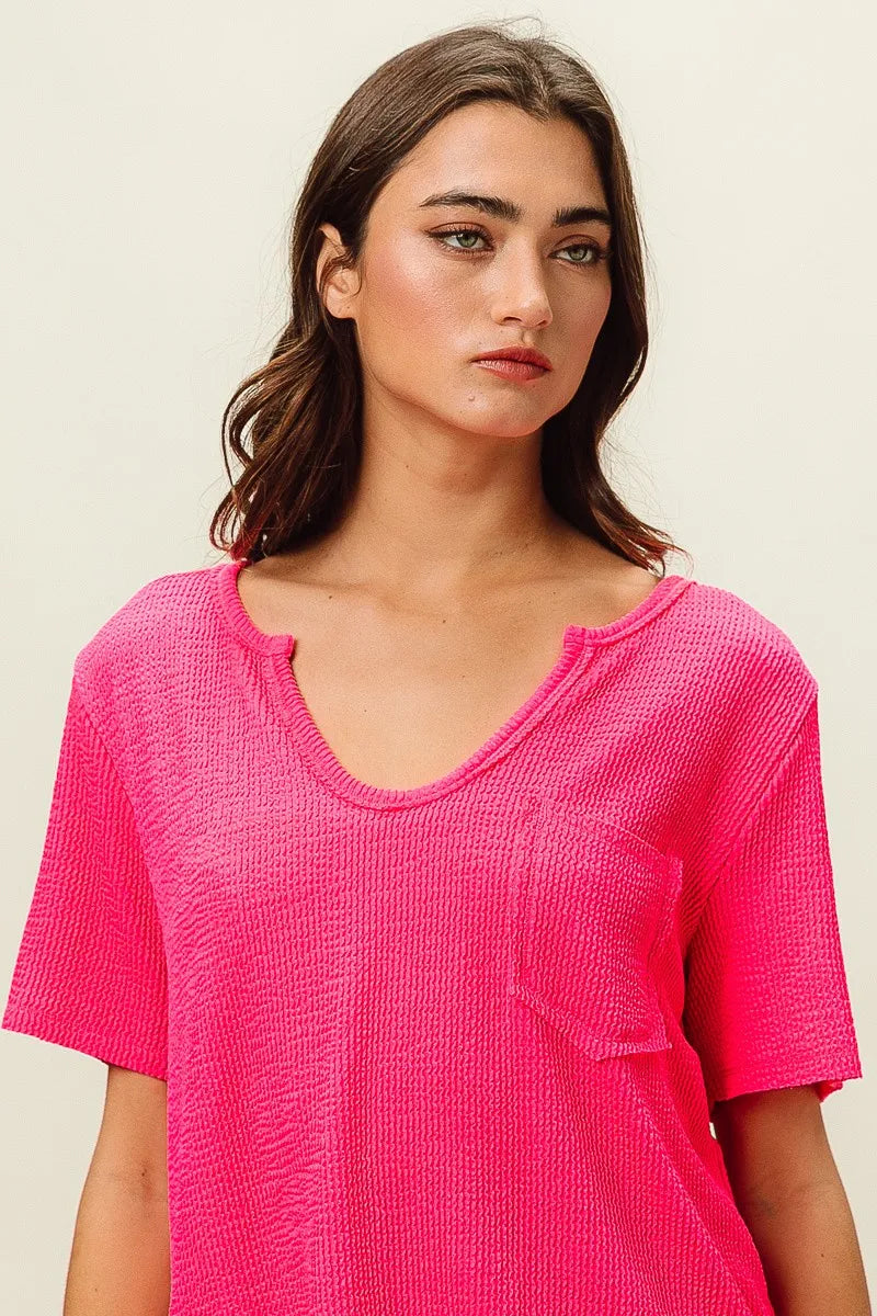 BiBi Waved Rib U Neck Top With Front Pocket OutfitFlow
