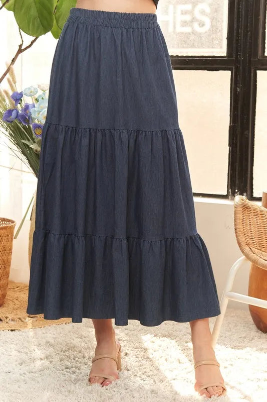 ADORA Waist Band Tiered Denim Maxi Skirt OutfitFlow