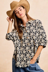 BiBi Floral Jacquard Short Dolman Sleeves Shirt OutfitFlow