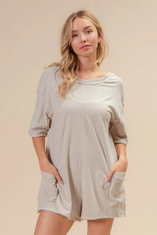 BiBi Short Sleeve Back Open Washed Romper OutfitFlow