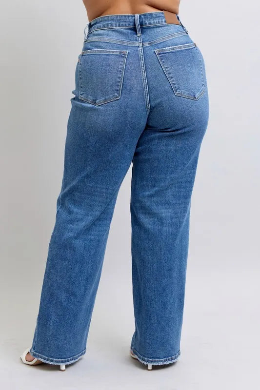 Judy Blue Full Size High Waist V-Front Vintage Wash Straight Jeans Plus Size OutfitFlow