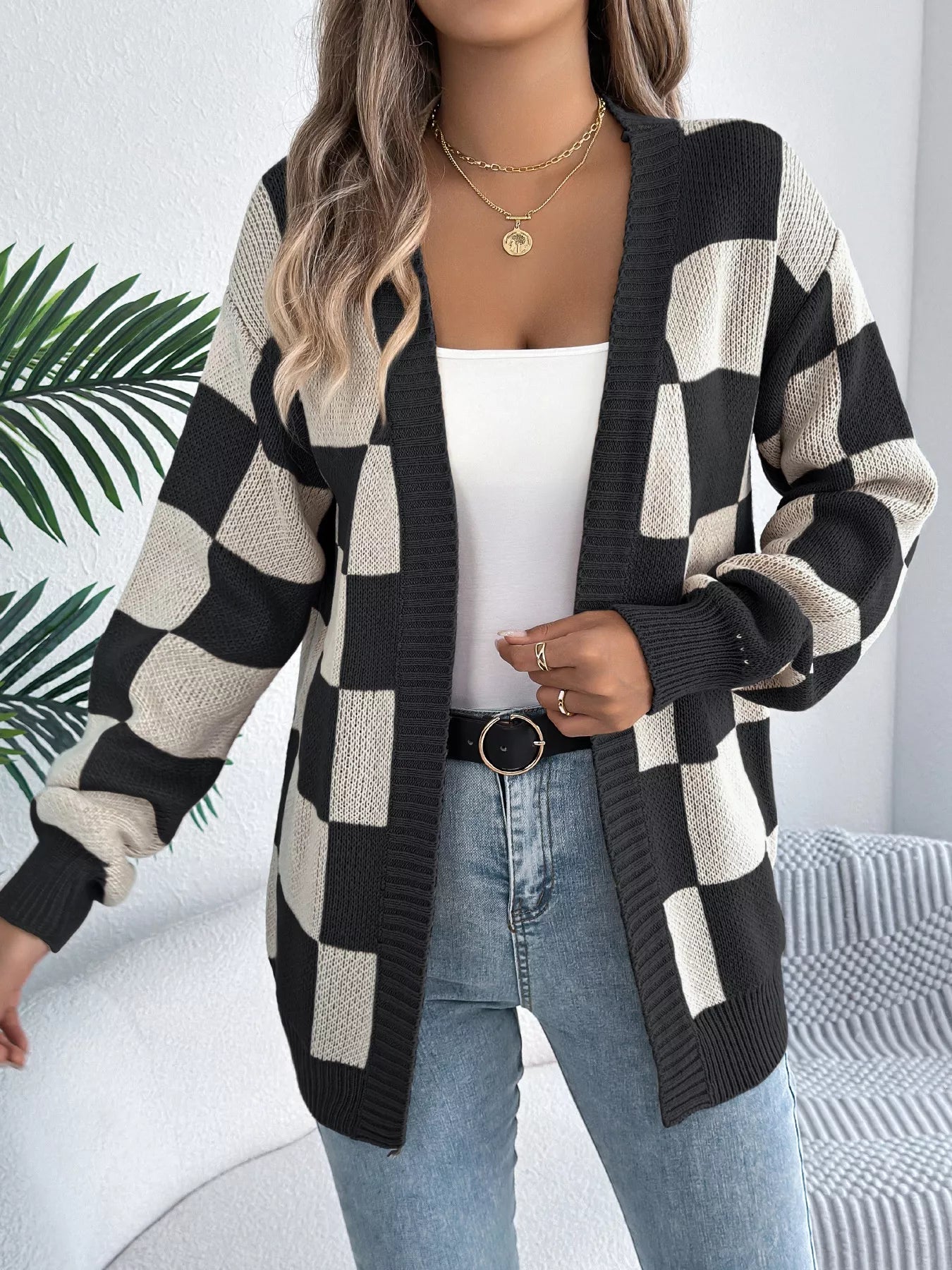 Checkered Pattern Open Front Cardigan OutfitFlow