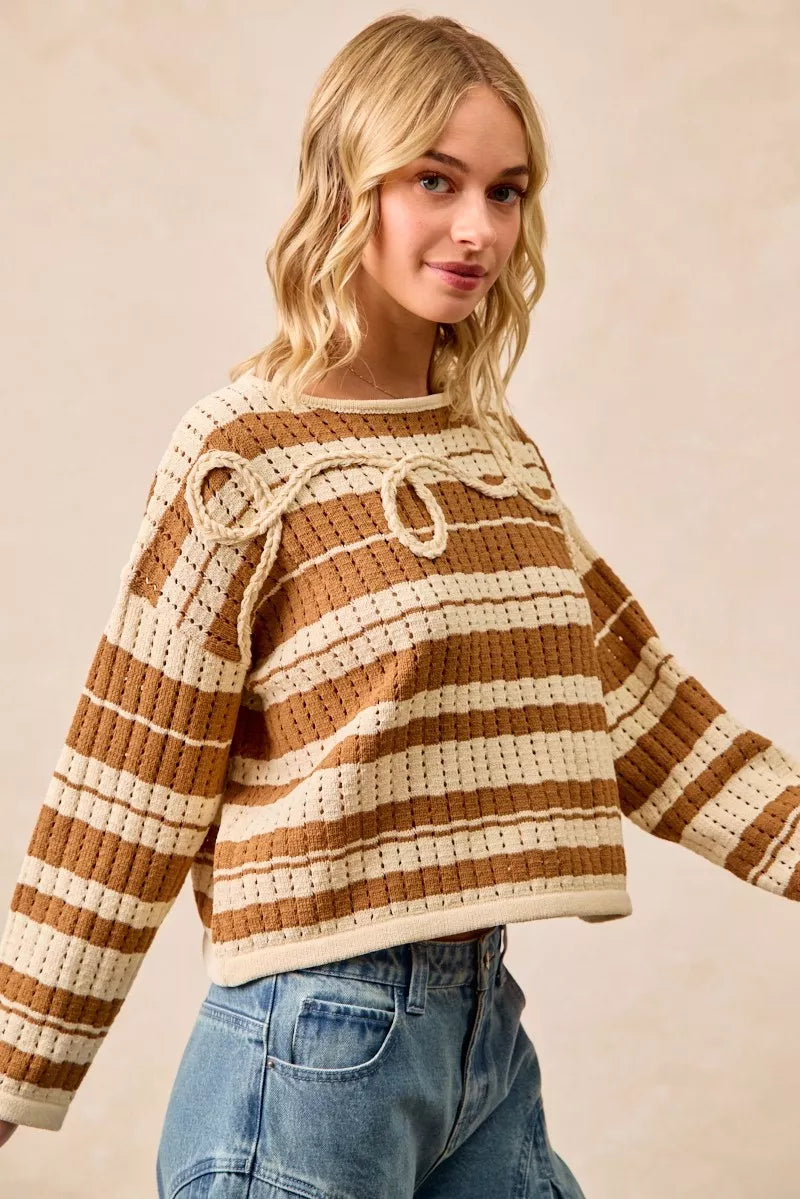 BiBi Striped Open Knit Sweater Top with Front Braided Detail OutfitFlow